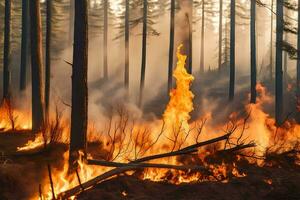 un' foresta fuoco è ardente nel il mezzo di un' foresta. ai-generato foto