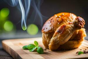 un' pollo su un' di legno taglio tavola con Fumo In arrivo su di esso. ai-generato foto