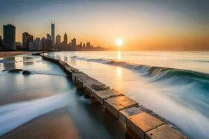 il sole sorge al di sopra di il città orizzonte nel Questo lungo esposizione fotografia. ai-generato foto