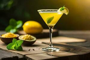 un' cocktail con Limone e menta su un' di legno tavolo. ai-generato foto