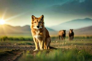 un' cane e cavalli nel il tramonto. ai-generato foto