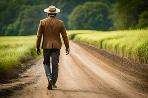 un' uomo nel un' completo da uomo e cappello a piedi giù un' sporco strada. ai-generato foto