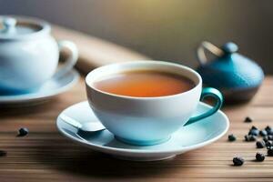 un' tazza di tè e un' teiera su un' di legno tavolo. ai-generato foto