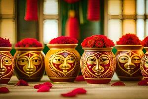 un' gruppo di vasi con rosso fiori e oro dipingere. ai-generato foto
