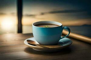 un' tazza di caffè con un' Visualizza di il tramonto. ai-generato foto