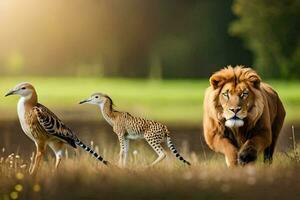 un' Leone e Due uccelli nel il selvaggio. ai-generato foto