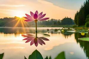 un' rosa loto fiore è riflessa nel il acqua a tramonto. ai-generato foto