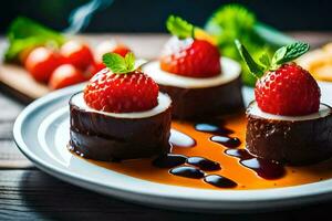 tre cioccolato dolci con fragole su un' piatto. ai-generato foto