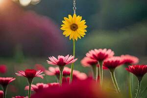 un' giallo girasole è in piedi nel un' campo di rosa fiori. ai-generato foto