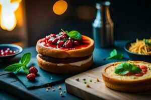 Due hamburger con lampone salsa e formaggio su un' taglio tavola. ai-generato foto