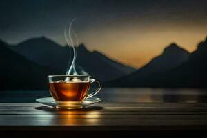 un' tazza di tè su un' di legno tavolo con montagne nel il sfondo. ai-generato foto