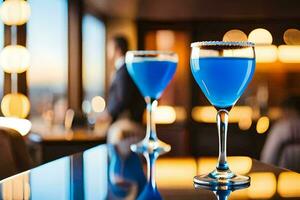 Due bicchieri di blu liquido seduta su un' sbarra. ai-generato foto