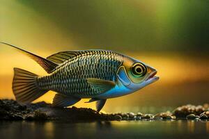 un' pesce è in piedi su il acqua con un' verde sfondo. ai-generato foto