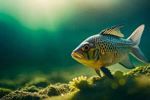 un' pesce è in piedi su il erba con luce del sole splendente su esso. ai-generato foto