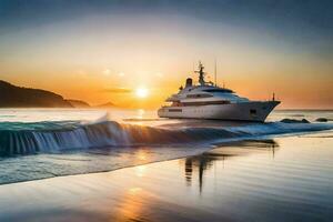 un' yacht a tramonto su il spiaggia. ai-generato foto