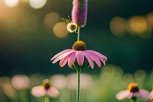 un' rosa fiore è in piedi su superiore di un' verde campo. ai-generato foto