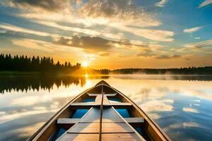 un' canoa è galleggiante su un' lago a tramonto. ai-generato foto