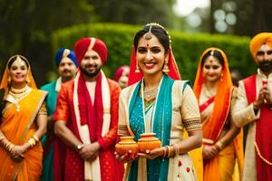 indiano nozze festa con sposa e sposo. ai-generato foto