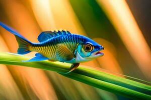 un' pesce con luminosa blu occhi è seduta su un' verde lama. ai-generato foto