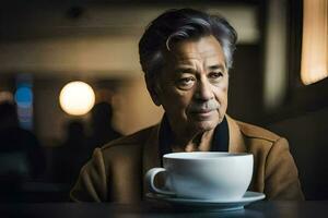 un più vecchio uomo seduta a un' tavolo con un' tazza di caffè. ai-generato foto