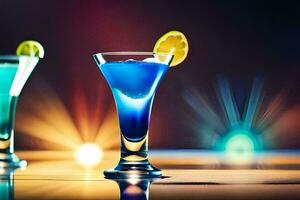 Due bevande con blu e giallo liquido nel occhiali. ai-generato foto