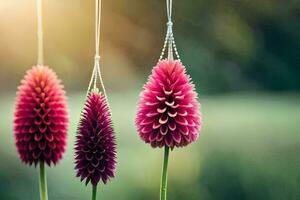 tre fiori sospeso a partire dal stringhe nel il sole. ai-generato foto