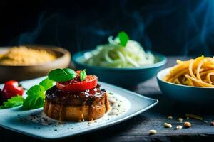 un' piatto di cibo con carne e verdure. ai-generato foto