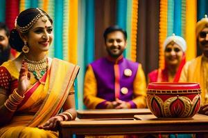 un' donna nel un' colorato sari è sorridente mentre sua marito è Tenere un' ciotola. ai-generato foto