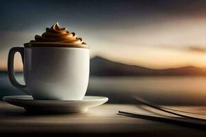 un' tazza di caffè su un' tavolo con un' Visualizza di il oceano. ai-generato foto