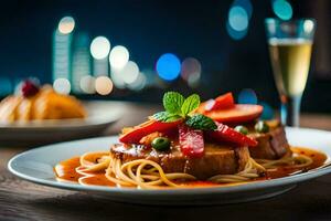 un' piatto di spaghetti e carne con un' bicchiere di vino. ai-generato foto