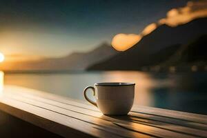 caffè tazza su un' di legno tavolo prospiciente il mare e montagne. ai-generato foto