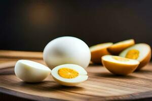 un' bianca uovo e un' metà di un uovo su un' di legno taglio tavola. ai-generato foto