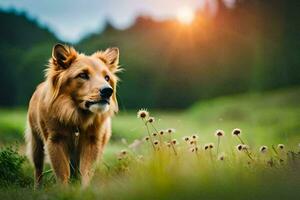 un' cane è in piedi nel un' campo con erba e fiori. ai-generato foto