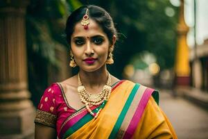 un' donna nel un' giallo sari con oro gioielleria. ai-generato foto