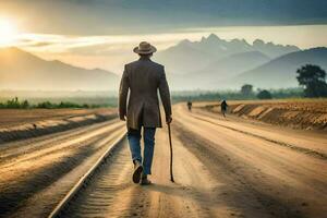 un' uomo a piedi giù un' sporco strada con un' canna. ai-generato foto