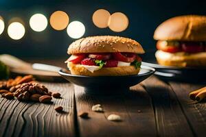 Due hamburger con formaggio e fragole su un' di legno tavolo. ai-generato foto