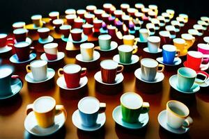 un' grande gruppo di colorato caffè tazze e piattini. ai-generato foto