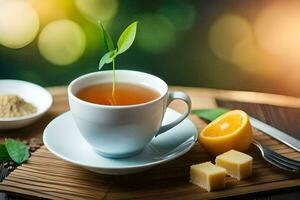 un' tazza di tè con un' Limone fetta e un' cucchiaio. ai-generato foto