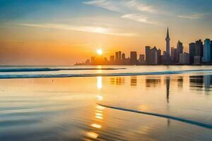 il orizzonte di dubai a tramonto. ai-generato foto