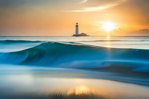 un' faro nel il oceano con onde e un' tramonto. ai-generato foto