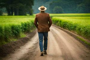 un' uomo nel un' cappello e giacca a piedi giù un' sporco strada. ai-generato foto