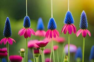 molti rosa e blu fiori siamo nel un' campo. ai-generato foto