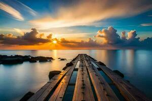 un' di legno molo nel il oceano a tramonto. ai-generato foto