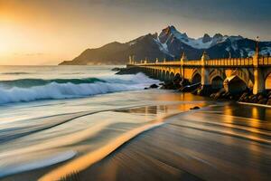 un' ponte al di sopra di il oceano e montagne a tramonto. ai-generato foto