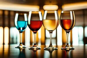 quattro vino bicchieri con diverso colorato liquidi. ai-generato foto