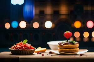 un' tavolo con Due piccolo torte e un' fragola. ai-generato foto