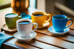 quattro diverso colorato tazze di caffè su un' tavolo. ai-generato foto