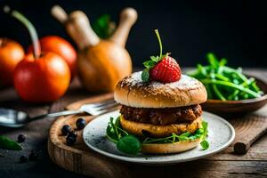 un' Hamburger con un' fragola su superiore. ai-generato foto