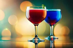 Due bicchieri di rosso e blu liquido su un' tavolo. ai-generato foto