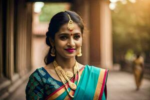 un' donna nel un' sari e oro gioielleria. ai-generato foto
